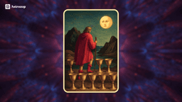 Eight of Cups tarot card showing a figure walking away from eight stacked cups