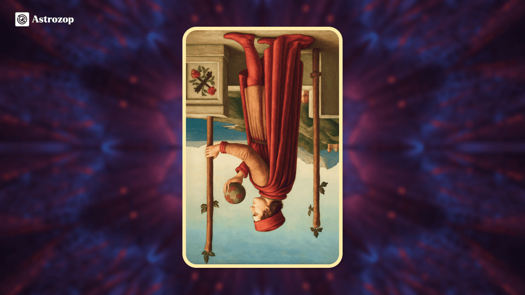 Reversed Two of Wands tarot card showing a figure appearing uncertain or hesitant with two wands