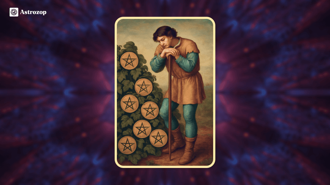Seven of Pentacles tarot card showing a person pausing to observe their growing pentacles