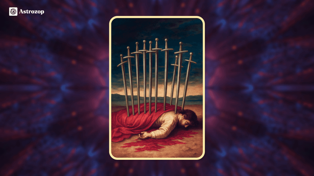 Ten of Swords tarot card showing a figure lying face down with ten swords piercing their back